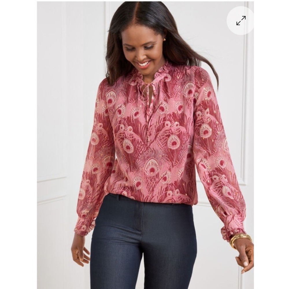 Talbots Ruffle Tie Neck Popover Blouse Top Pink Peacock Feathers Metallic XS